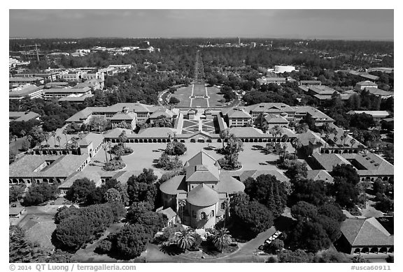 Aerial view of Main Quad. Stanford University, California, USA (black and white)