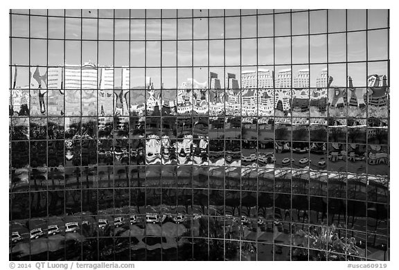 Aerial view of building with multiple glass walls. San Jose, California, USA (black and white)