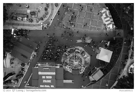 Aerial view of Christmas in the Park looking straight down. San Jose, California, USA (black and white)