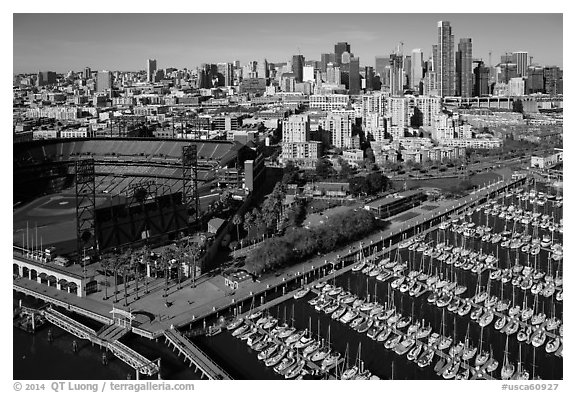 Aerial view of South Beach Harbor, ATT Park, and South of Market. San Francisco, California, USA (black and white)