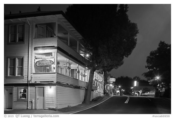 Groveland hotel and main street at night. California, USA (black and white)
