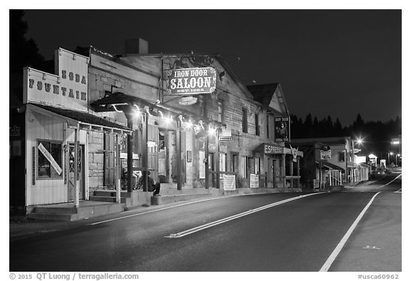Iron Door Saloon and Groveland main street at night. California, USA (black and white)