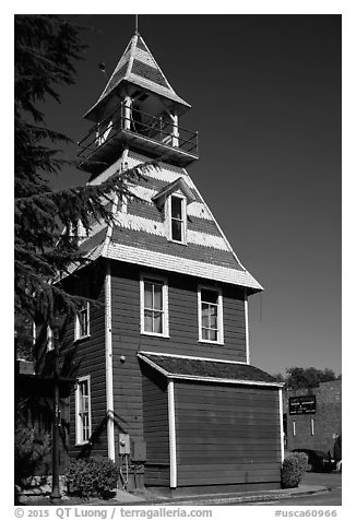 Queen Anne style Old Town Firehouse, Auburn. Califoxrnia, USA (black and white)