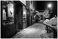 Snowy sidewalk at night, Truckee. California, USA ( black and white)