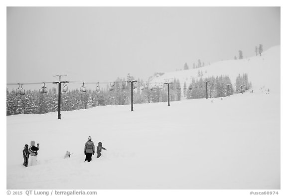Ski resort on a snowy day. California, USA (black and white)