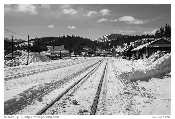 Railroad tracks in winter, Truckee. California, USA (black and white)