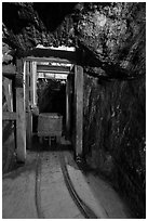 Tracks and car for ore removal, Gold Bug Mine, Placerville. California, USA ( black and white)