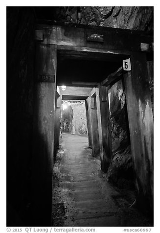 El Dorado Mine gallery with wooden beams, Gold Bug Mine, Placerville. California, USA (black and white)