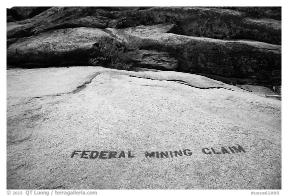 Federal Mining Claim painted on rocks, El Dorado County. California, USA (black and white)