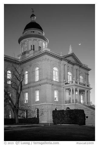Placer County Courthouse and crescent moon, Auburn. Califoxrnia, USA (black and white)