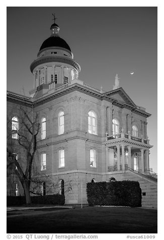 Placer County Courthouse and crescent moon, Auburn. Califoxrnia, USA (black and white)