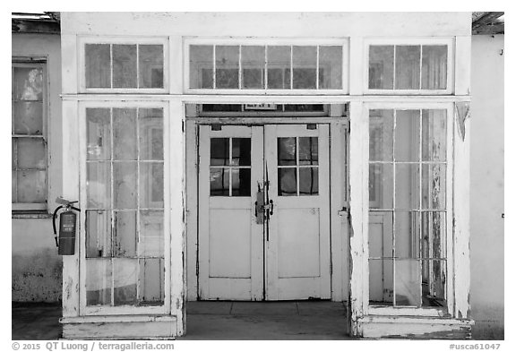Door of old building, La Paz, Cesar Chavez National Monument, Keene. California, USA (black and white)