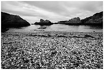 Beach covered with seaglass. Fort Bragg, California, USA ( black and white)