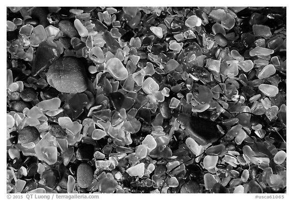 Close-up of green and clear seaglass. Fort Bragg, California, USA (black and white)