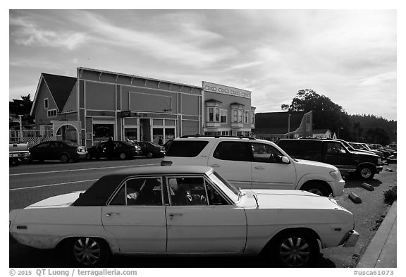 Classic car and street. Mendocino, California, USA (black and white)