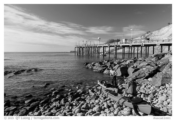 Sea Kayakers and Wharf. California, USA (black and white)