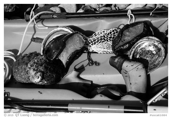 Sea Kayak with abalone and diving gear. California, USA (black and white)