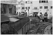 Historic, modern buildings, railroad tresle. Petaluma, California, USA ( black and white)