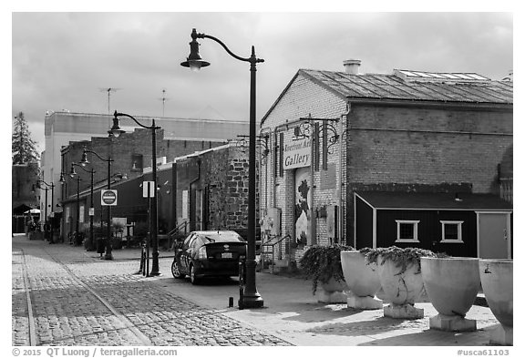 Cobblestone street in downtown. Petaluma, California, USA (black and white)