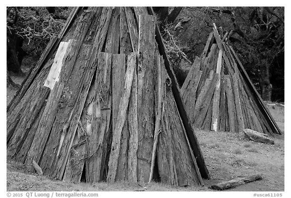 Coast Miwok shelters, Olompali State Historic Park. Petaluma, California, USA (black and white)