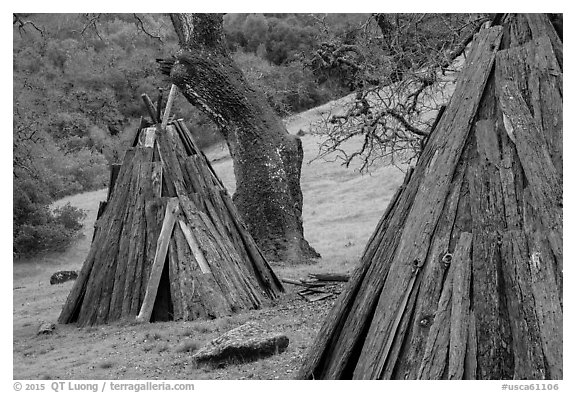 Reconstructed Miwok village, Olompali State Historic Park. Petaluma, California, USA (black and white)