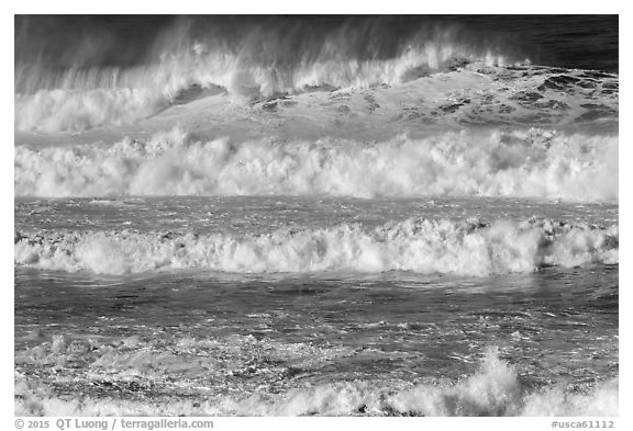 Rows of waves breaking offshore. Half Moon Bay, California, USA (black and white)
