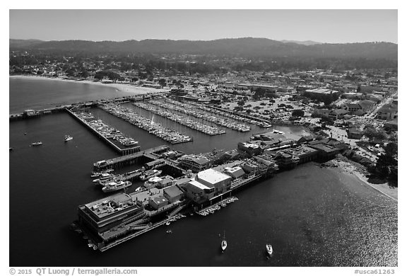 Aerial view of harbor and downtown. Monterey, California, USA (black and white)