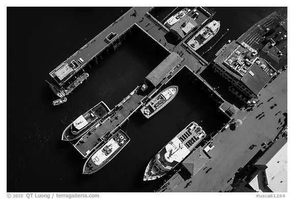 Aerial view of wharf and tour boats. Monterey, California, USA (black and white)