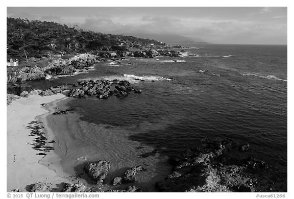 Aerial view of beach and costline, Cypress Point. Pebble Beach, California, USA (black and white)