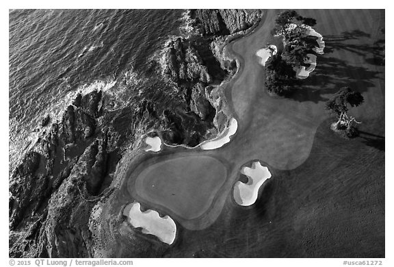 Aerial view of golf course and coastline. Pebble Beach, California, USA (black and white)