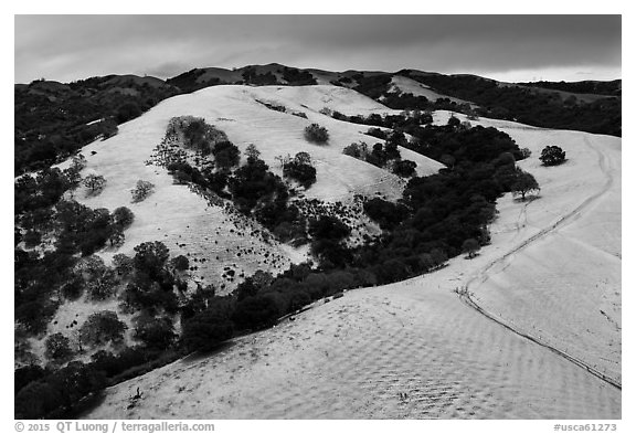 Aerial view of Evergreen Hills covered by hail. San Jose, California, USA (black and white)