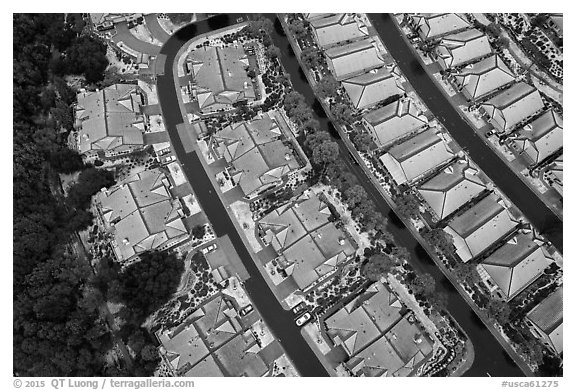 Aerial view of residences after hailstorm. San Jose, California, USA (black and white)