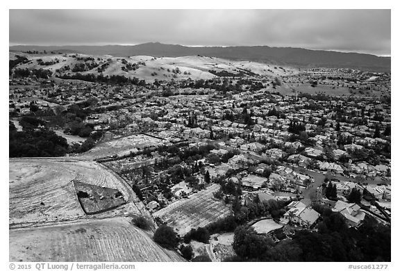 Aerial view of Meadowlands and hills covered by hail. San Jose, California, USA (black and white)