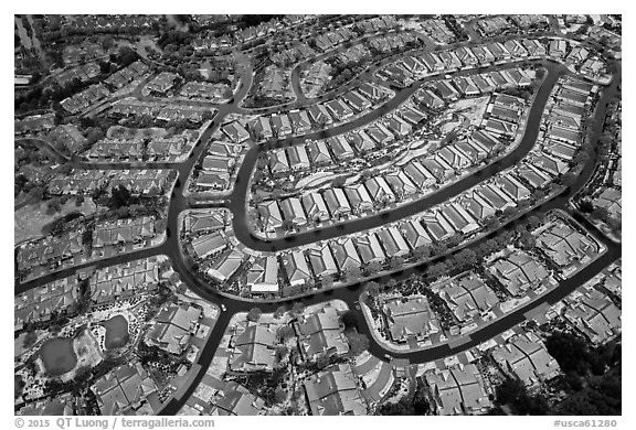 Aerial view of Villages after hailstorm. San Jose, California, USA (black and white)