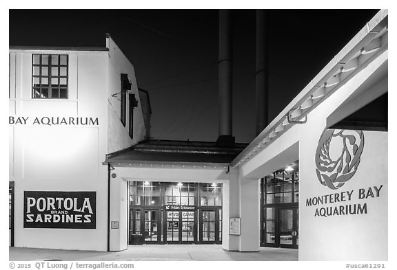 Monterey Bay Aquarium by night. Monterey, California, USA (black and white)