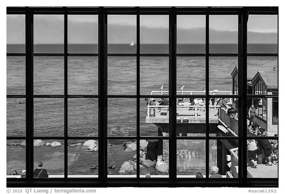 Monterey Bay framed by Monterey Bay Aquarium window. Monterey, California, USA (black and white)