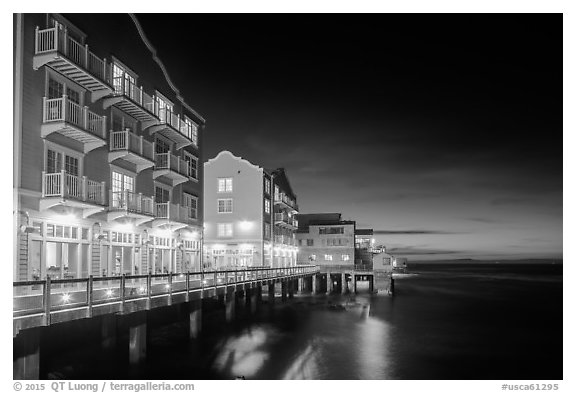 Waterfront hotels at night. Monterey, California, USA (black and white)