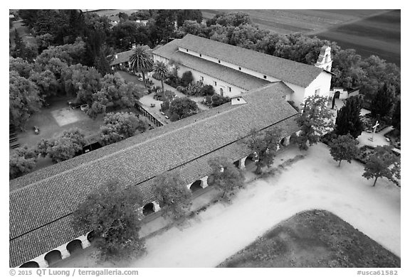 Aerial view of Mission San Juan arcades and church. San Juan Bautista, California, USA (black and white)