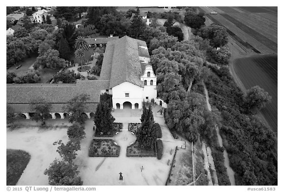Aerial view of Mission San Juan and fields. San Juan Bautista, California, USA (black and white)