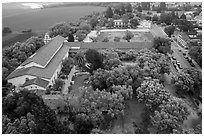 Aerial view of Mission San Juan courtyard and San Juan Bautista State Historic Park. San Juan Bautista, California, USA ( black and white)