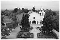 Aerial view of Mission San Juan church. San Juan Bautista, California, USA ( black and white)