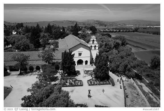 Aerial view of Mission San Juan Bautista. San Juan Bautista, California, USA (black and white)