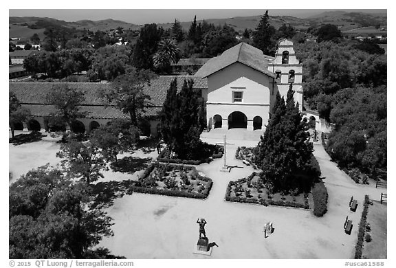 Aerial view of Mission San Juan Bautista. San Juan Bautista, California, USA (black and white)