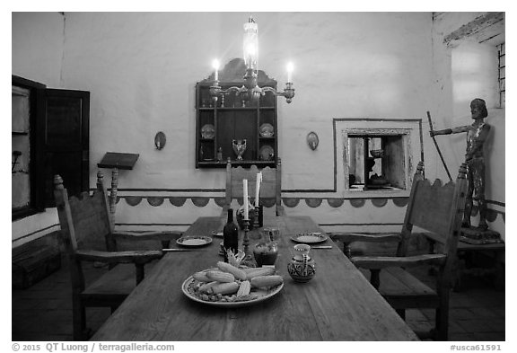 Dining room, Mission San Juan. San Juan Bautista, California, USA (black and white)