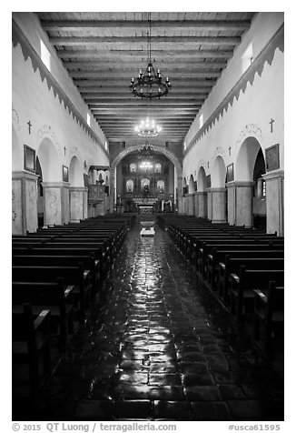 Inside church, Mission San Juan. San Juan Bautista, California, USA (black and white)