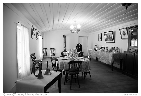 Dining room, Plaza Hotel. San Juan Bautista, California, USA (black and white)