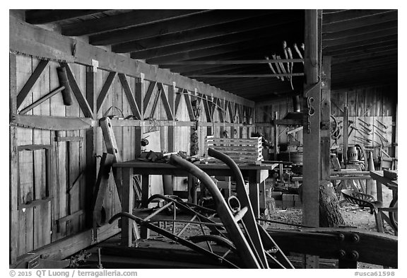 Blacksmith shop and displays. San Juan Bautista, California, USA (black and white)