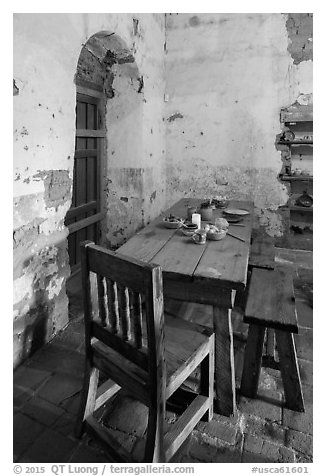 Dining table, Mission San Miguel. California, USA (black and white)