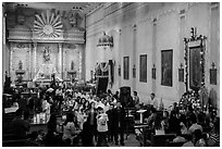 Church with festival in progress, Mission San Miguel. California, USA ( black and white)