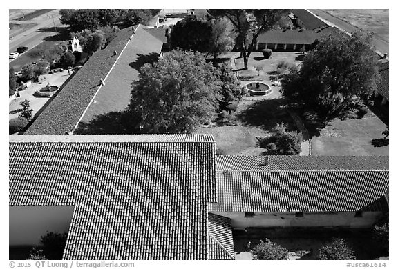 Aerial view of Mission San Miguel roofs and garden. California, USA (black and white)